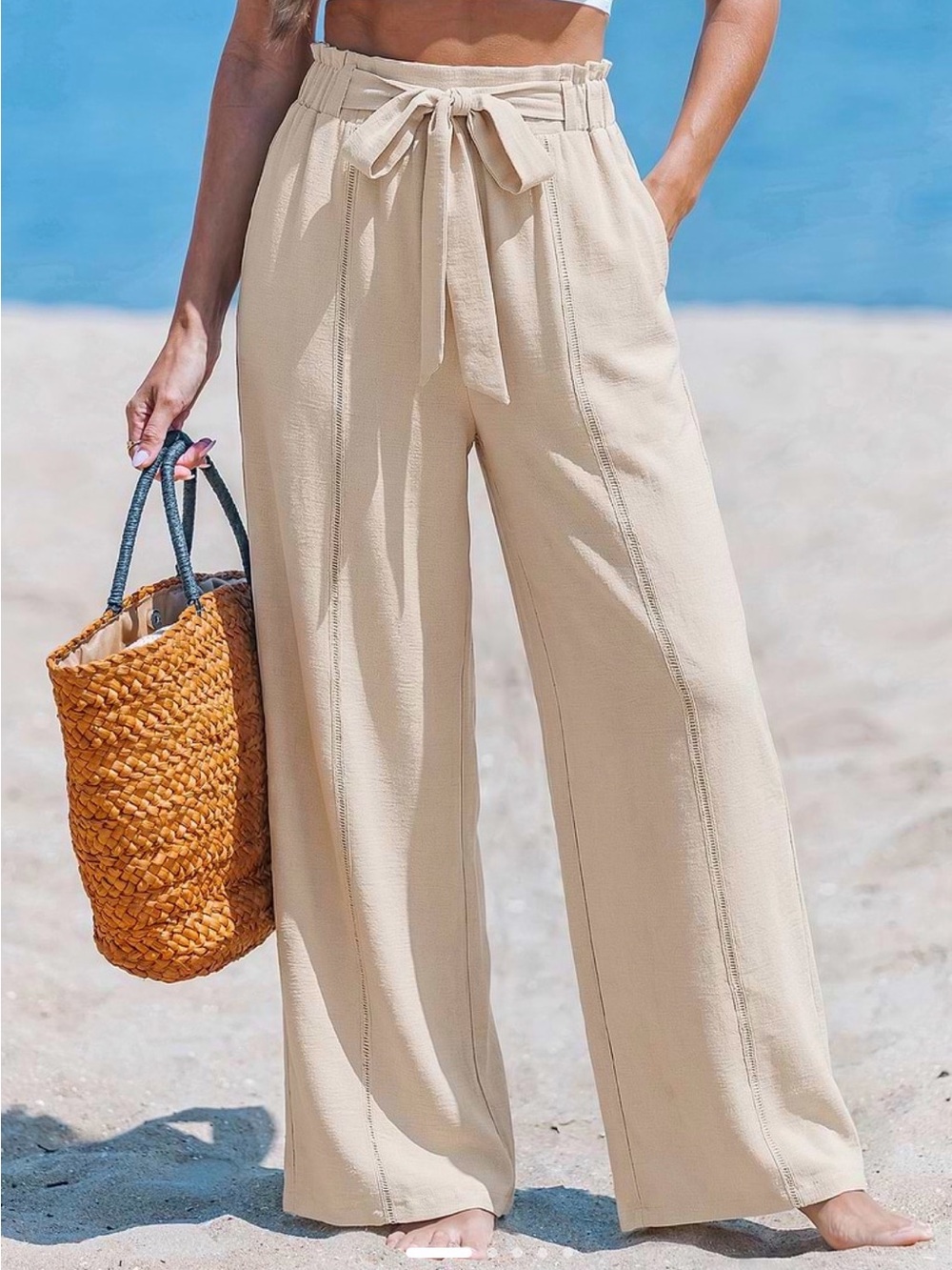 Cupshe Truth Bomb High-Waist Tie-Waist Wide-Leg Pants - Cream NEW
